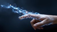 Magical glowing blue energy streams flowing around female hand on dark background, representing supernatural power and digital transformation.