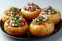 Fresh baked bread bowls filled with creamy seafood salad garnished with diced red onions, herbs and seasonings served on dark plate for appetizer.