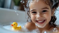 Hispanic girl with curly hair smiling during bath time with yellow rubber duck toy and soap bubbles, showing joy and playfulness in childhood wellness routine.