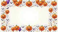 Festive Halloween border frame with carved jack-o-lantern pumpkins, friendly ghosts, and purple balloons on white isolated background, ready for greeting cards, invitations, posters, and seasonal design projects.