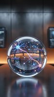 Glowing glass sphere with neural network and circuit patterns, data charts inside, futuristic AI technology concept on dark background.