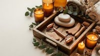 Spa wellness set with natural skincare products, wooden accessories, candles and eucalyptus leaves arranged on neutral background for relaxation.