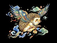 Flying hedgehog with ornate wings in Asian art style, surrounded by colorful clouds and flowers, isolated on transparent background, for stickers, t-shirts, print on demand.