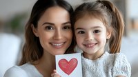 Happy young Caucasian mother and daughter holding handmade heart card, smiling together in bright home interior for Mother's Day celebration.