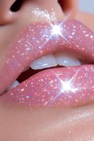 Close-up of glossy pink lips with sparkly glitter makeup and light reflections, showing white teeth. Glamorous beauty macro shot for cosmetic and makeup artistry.