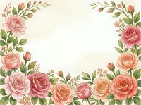 Vintage floral frame with pink and coral roses, buds, and green leaves on cream background. Suitable for invitations, cards, and design projects.