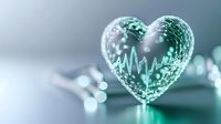 Glowing heart shape with pulse wave line in turquoise color on blurred background with bokeh lights, medical and healthcare concept visualization.