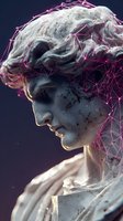 Ancient marble statue head with glowing pink digital network overlay representing AI consciousness and neural connections in futuristic technology concept.