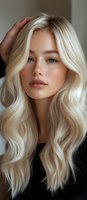 Young blonde woman with wavy hair touching head in natural light portrait for beauty and fashion content.