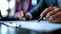 Close-up view of Asian female hands holding pen while signing document at office desk, with blurred background showing business meeting environment.