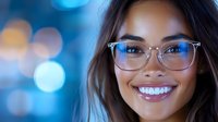 Young Asian woman wearing transparent glasses smiling with white teeth against blurred blue bokeh background, close up portrait showing genuine happiness.