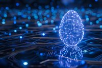 Glowing digital egg shape formed by connected dots and lines on circuit board background with blue bokeh lights, symbolizing artificial intelligence and technology.