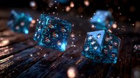 Glowing blue translucent dice with bubbles floating on dark wooden surface, magical gaming atmosphere with bokeh light effects and mystical sparkles in background.