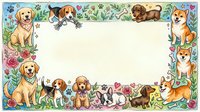 Adorable puppy and dog breeds border frame with floral elements and paw prints on cream background for pet-themed designs and greeting cards.