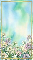 Watercolor spring wildflowers frame with soft blue green gradient background and golden border for greeting cards and invitations.