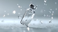 Clear glass medical vial with silver cap surrounded by water droplets and ice crystals on light gray background, creating fresh pharmaceutical atmosphere.