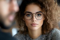 Young mixed race woman with natural curly hair wearing round glasses and gray sweater looking at camera with confident expression. Professional portrait.