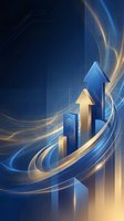 Abstract business growth arrows with golden light trails on blue digital background representing success and financial progress upward trend.