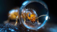 Extreme macro photography of ant head through water drop, showing detailed compound eyes and antennae against dark background with natural magnification effect.
