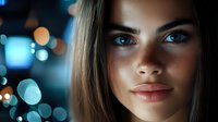 Young Caucasian woman with striking blue eyes and blonde hair against blurred city lights bokeh background at night creating atmospheric portrait.