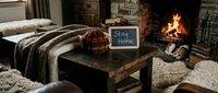Cozy rustic living room with a fireplace, Stay Home chalkboard sign on a wooden table, warm blankets, and a dog resting nearby.