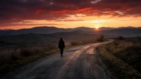 Solitary figure walking on rural dirt road at sunset with golden sky and distant mountains, suitable for travel, adventure, and inspirational content.