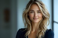 Young Caucasian woman with wavy blonde hair and natural makeup smiling confidently at camera. Professional headshot against blurred background shows warmth and approachability.