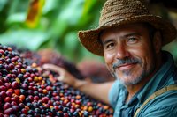 Hispanic mature farmer smiling while harvesting fresh ripe coffee cherries on plantation. Close up portrait of agricultural worker in straw hat collecting arabica beans.