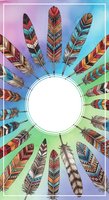 Colorful tribal feathers arranged in circle around white center space on vibrant gradient background, isolated design element ready for t-shirts, posters, invitations and creative projects.