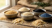Assorted organic grains and legumes in wooden bowls on rustic table for healthy cooking and nutrition concepts.