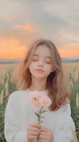 Young Asian woman with closed eyes holding pink carnations in white sweater against sunset wheat field background, soft dreamy atmosphere with golden light.