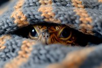 Close up macro shot of cat eyes peering through gray knitted fabric with warm sunlight creating dramatic shadows and highlighting feline pupils.