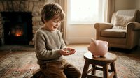 Young child with light brown hair, Caucasian ethnicity, wearing a beige knit sweater and brown pants, sitting on a floor and placing a coin into a pink piggy bank. Cozy living room setting with fireplace, armchair, window with natural light, and wooden stool. Concept for savings, financial education, and childhood money management.