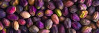 Fresh colorful pistachios scattered on dark background, vibrant purple and pink tones create artistic food composition with natural textures and patterns.