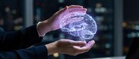 Hands holding a glowing holographic brain with neural connections, symbolizing AI, neuroscience, and digital intelligence in a futuristic setting.