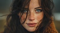Young woman with freckles and blue eyes wearing cozy sweater outdoors in natural light portrait for lifestyle and beauty concepts.