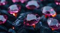 Pink crystal gems on dark stone background with dramatic lighting and glowing reflections, luxury jewelry concept for design and decoration purposes.