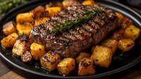 Grilled beef steak with roasted golden potatoes on black plate, seasoned with herbs and black pepper, juicy meat with charred grill marks and caramelized sides.