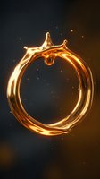 Glowing golden liquid droplet forming circular shape with luminous particles on dark background, suitable for cosmetics, skincare, and luxury product packaging designs.