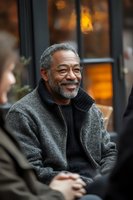 Senior African American man with gray beard and glasses smiling warmly during outdoor conversation, wearing cozy gray sweater against blurred cafe background.