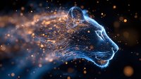 Mystical glowing leopard head profile with particles and light effects in dark blue and orange colors against black background, digital art style composition.