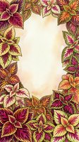Colorful foliage frame with hand-drawn leaves in magenta, gold, and orange tones surrounding a cream center space, ideal for invitations, greeting cards, and design projects.