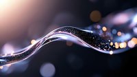 Glowing curved lines with sparkles and bokeh effects on dark background create magical atmosphere. Abstract light waves flow with luminous particles.