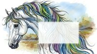 Majestic horse head with flowing rainbow mane in watercolor style, blank space for text overlay, fantasy art design for creative projects.