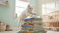 White cat jumping over stack of children's books in nursery room with crib and toys, playful pet in kid's bedroom.