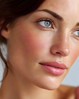 Close-up portrait of young Caucasian woman with natural makeup and glowing skin. Fresh-faced beauty with blue eyes and soft pink lips for skincare campaigns.