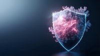 Glowing shield with pink energy explosion and particles on dark background, digital security concept visualization for cybersecurity and data protection designs.