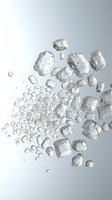Transparent ice cubes of varying sizes scattered and floating against neutral background, suitable for beverage, culinary, and cooling product advertising.