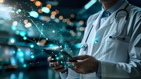 Medical professional in white coat using smartphone with glowing digital network visualization, representing healthcare technology advancement and connectivity.