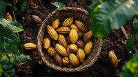Fresh cocoa pods harvested in woven basket surrounded by green leaves and rich soil, top view composition showing raw chocolate agriculture process.